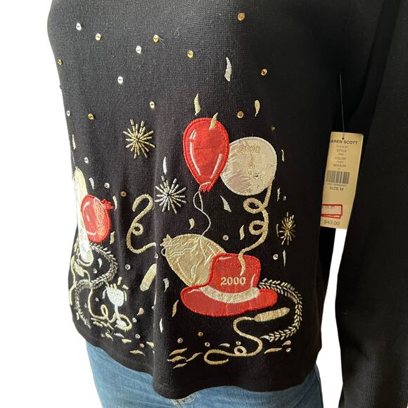 Vintage y2k New Years Eve Party 2000 Embroidered Sweater, M - Picture 4 of 8